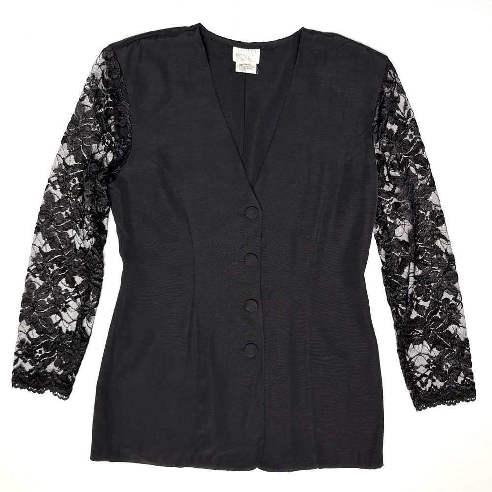 Vintage Moda International Long Black Blazer Sheer Lace Sleeves Whimsygoth Sz 8